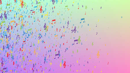 Disco Background. Colorful Musical Notes Symbol Falling on Hologram Background. Many Random Falling Notes, Bass and, G Clef. Disco Vector Template with Musical Symbols.のイラスト素材