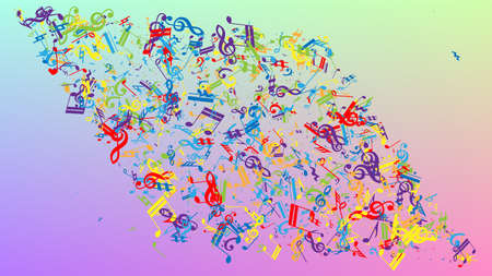 Disco Background. Many Random Falling Notes, Bass and, G Clef. Colorful Musical Notes Symbol Falling on Hologram Background. Disco Vector Template with Musical Symbols.のイラスト素材
