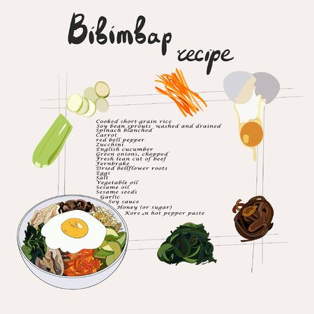 Illustration for recipe bibimbap. Bibimbap korean traditional dish with fried egg. Asian cuisine. Set of bibimbap products. Hand drawn vector illustration.のイラスト素材