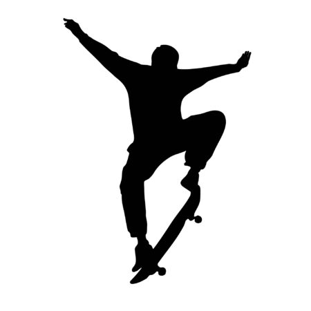 Black silhouette of skateboarder isolated on white background. Skateboard guy. Skateboarding trick ollie. Jump on skateboard.のイラスト素材