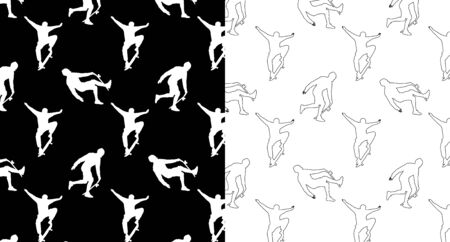 Set of seamless patterns with silhouettes and outline skateboarders on a black and white background. Skateboarding trick ollie, young guy riding a skateboard. Extreme sport vector illustration.のイラスト素材