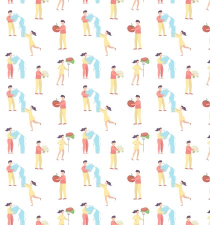 Seamless pattern showing the balance of food and water and the concept of intermittent fasting and healthy lifestyle. Man and woman pouring water. Pattern in light colors. Vector illustration.のイラスト素材