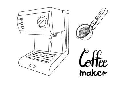 Outline coffee machine with portafilter. Lettering coffee maker. Isolated on white background vector illustration.のイラスト素材