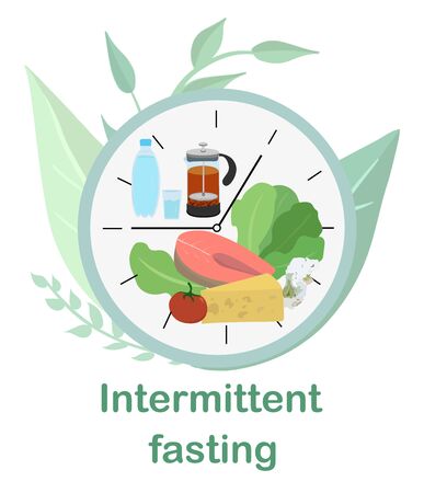 Dial with concept of Intermittent fasting, divided into sectors with healthy food and water and tea. Method of losing weight and accelerating metabolism. Scheme 8 16, food window. Vector illustration.のイラスト素材