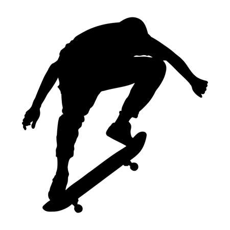 Black silhouette of skateboarder isolated on white background. Guy jumping with skateboard. Skate trick ollie. Extreme sport. Vector illustrationのイラスト素材