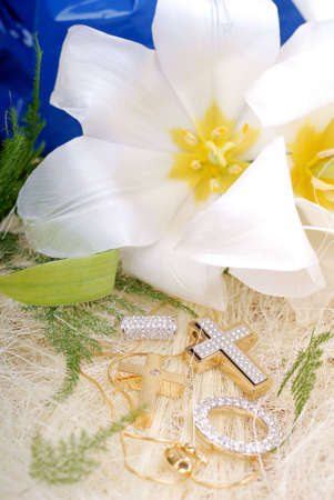 White lily with gold jewelryの写真素材