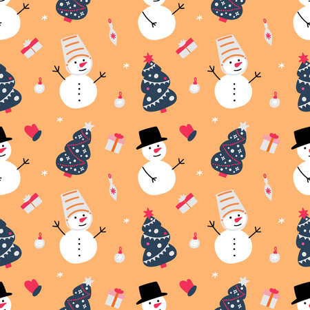 Vector background with snowmen, christmas trees and presents. New year cartoon seamless pattern.のイラスト素材