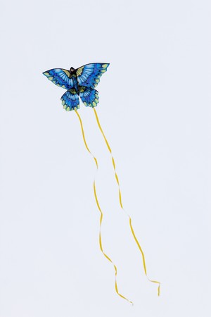 Blue butterfly kite flying with yellow ribbonsの写真素材