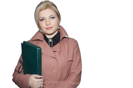 Blonde in pink raincoat holding folder isolated on whiteの写真素材