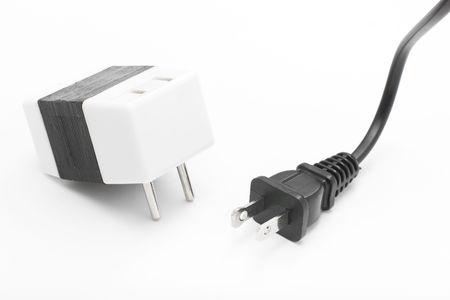 American type power cable and voltage converter of 110V to 220V isolated on white with selective...