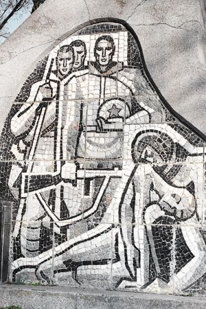 WWII military monument with Soviet soldiers and civilians in Leova city, Republic of Moldova の写真素材