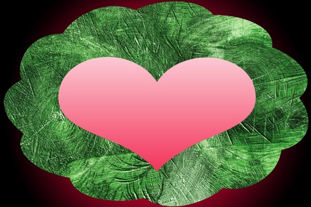 Pink heart shape against green scratched wooden cloud on black