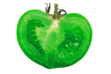 Stylized fresh cut half of green tomato isolated on whiteの写真素材