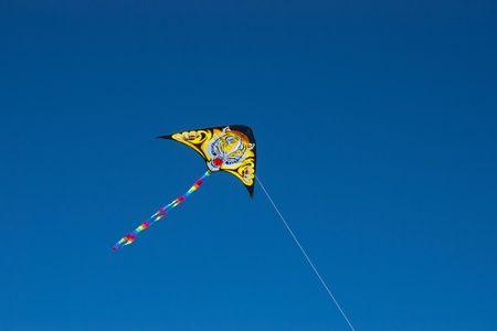 Tiger kite with white string against deep blue sky