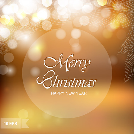 Happy New Year and Merry Christmas lettering Greeting  Card. Vector illustration. Blurred background with lights.のイラスト素材