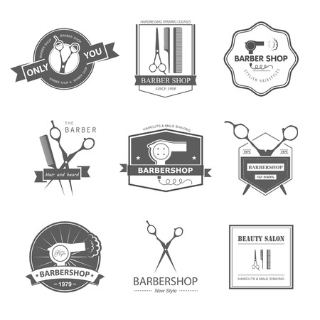 Vector set of retro barber shop labels, logo, badges and design element.のイラスト素材