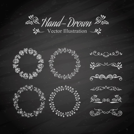 Vector illustration. Circle floral borders. Sketch frames on blackboard.のイラスト素材