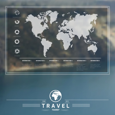 Vector infographic travel on blurred unfocused background. World map with web elements. Design vector template. Adventure in the worldのイラスト素材