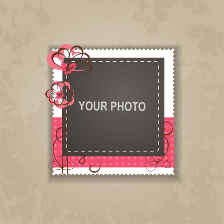 Design photo frame on nice background. Decorative template for baby, family or memories. Scrapbook concept, vector illustration.のイラスト素材