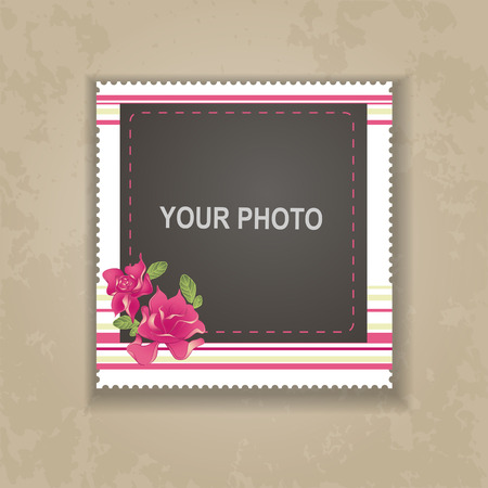 Design photo frame on nice background. Decorative template for baby, family or memories. Scrapbook concept, vector illustration.のイラスト素材