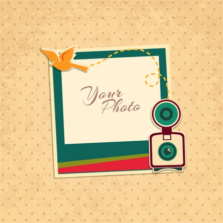 Design photo frame on nice background. Decorative template for baby, family or memories. Scrapbook concept, vector illustration. Birthdayのイラスト素材