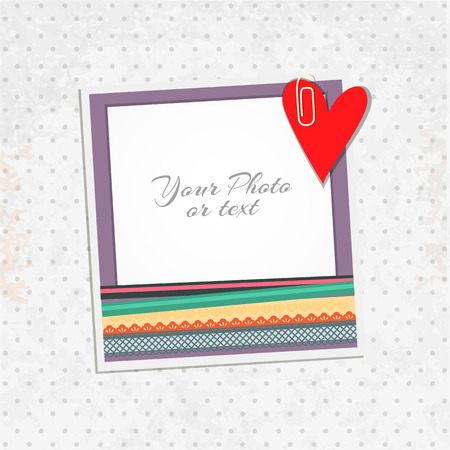 Design photo frame on nice background. Decorative template for baby, family or memories. Scrapbook concept, vector illustration. Birthdayのイラスト素材
