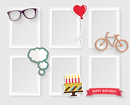 Realistic design photo frames on white background. Decorative template for baby, family or memories. Scrapbook concept, illustration. Birthdayのイラスト素材