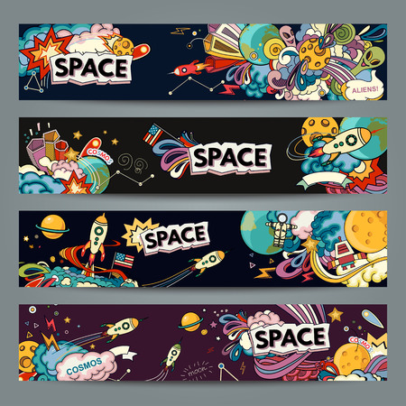 Cartoon illustration of space. Moon, planet, rocket, earth, cosmonaut, comet, universe. Classification, milky way.  Abstractのイラスト素材