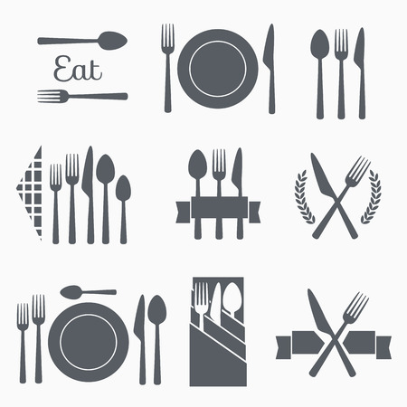Set cutlery icon vector illustration. Black silhouette of fork, knife, spoon and plate. Table appointments. Menuのイラスト素材