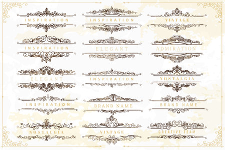 Collection of vintage flourishes calligraphic ornaments and frames. Retro style of design elements, decorations for postcard, banners, logos. Vector templateのイラスト素材