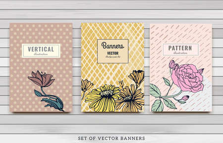 Set of Isolated creative background cards. Hand drawn vintage elements. Vector template banners for card, poster, invitation, flyer, party, wedding, brochure. Flower design collectionのイラスト素材