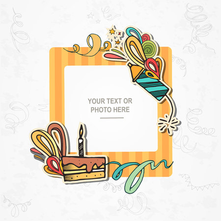 Photo frame on vintage background. Album template for kid, baby, family or memories. Scrapbook concept, vector illustration.のイラスト素材