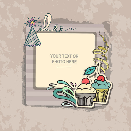 Photo frame on vintage background. Album template for kid, baby, family or memories. Scrapbook concept, vector illustration.のイラスト素材