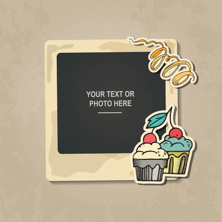 Photo frame Album template for kid, baby, family or memories. Scrapbook concept, vector illustration.のイラスト素材