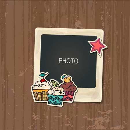 Photo frame Album template for kid, baby, family or memories. Scrapbook concept, vector illustration.のイラスト素材