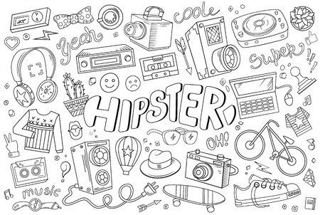 Hipster vector abstract illustration in cartoon style. Comics hand drawn elements and icons. Templates hipster elements for your design or background.のイラスト素材