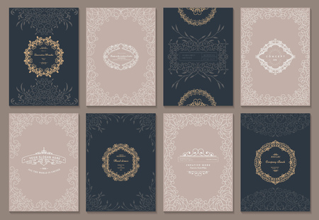 Retro creative card template with flourishes ornament elements and wreaths. Background for invitation, announcement, brochure, wedding.のイラスト素材