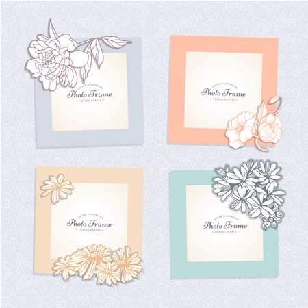 Photo frame with flower. Album template for kid,baby, girl, family or memories. Scrapbook concept, vector illustration.のイラスト素材
