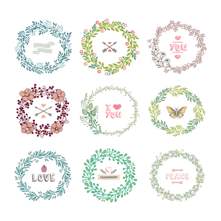 Set of colorful wreath isolated on white background. Vector template with flourishes ornament elements.のイラスト素材