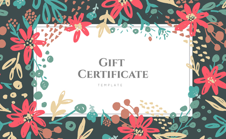 Gift certificate template with flowers border. Vector illustration.のイラスト素材