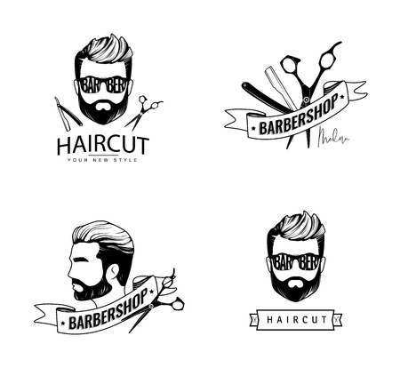 Vector set of retro barber shop labels, logo, badges and design element.のイラスト素材