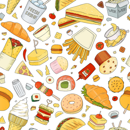 Seamless pattern of Vector illustration Cartoon style. Fast food objects. This collection include hamburger, snack, burger, french fries, barbecue, drinks and other items.のイラスト素材