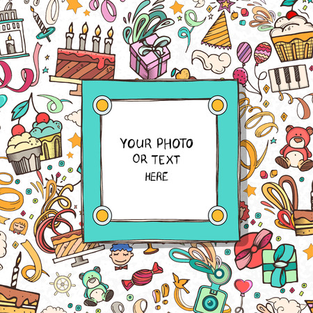Cartoon Art Styles. Decorative birthday vector template frame. This photo frame you can use for kids picture, funny photos, card and memories. Scrapbook design concept. Insert your picture.のイラスト素材