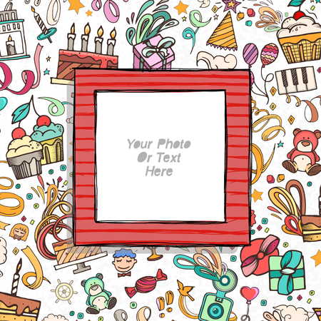 Cartoon Art Styles. Decorative birthday vector template frame. This photo frame you can use for kids picture, funny photos, card and memories. Scrapbook design concept. Insert your picture.のイラスト素材