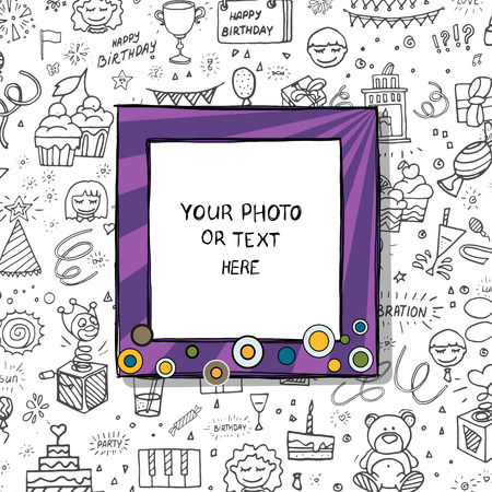 Cartoon Art Styles. Decorative birthday vector template frame. This photo frame you can use for kids picture, funny photos, card and memories. Scrapbook design concept. Insert your picture.のイラスト素材