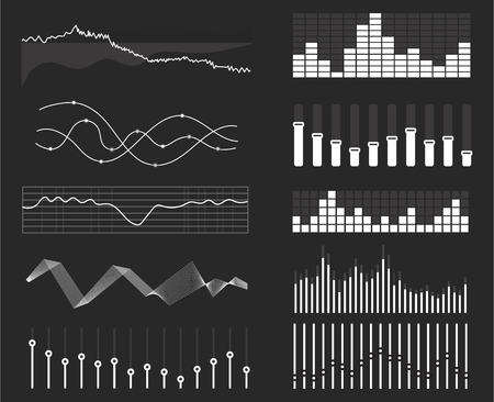Vector music sound waves set. Audio digital equalizer technology, console panel, pulse musical.のイラスト素材