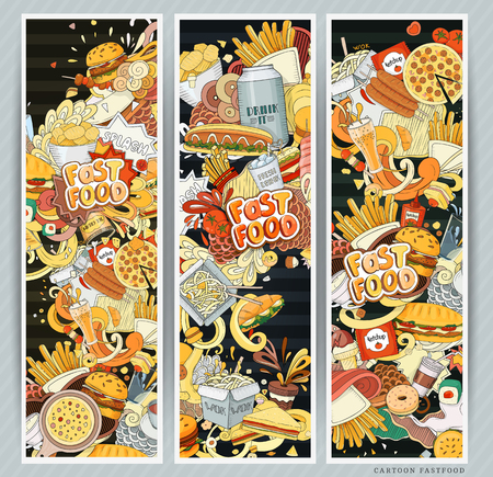 Cartoon vector illustration banner fast food. This collection include hamburger, snack, burger, french fries, barbecue, drinks and other items. Hand drawn. Abstractのイラスト素材