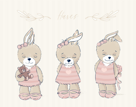 Cute rabbit illustration. This illustration is perfect for cards, greetings, decorations. Hare, balloon and ribbons.のイラスト素材