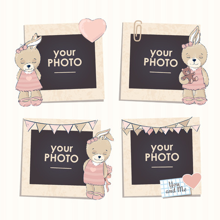 Design photo frames on nice background. Decorative template for baby, family or memories. Scrapbook concept, vector illustration. Birthdayのイラスト素材
