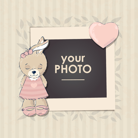 Design photo frame on nice background. Decorative template for baby, family or memories. Scrapbook concept, vector illustration. Birthday.のイラスト素材
